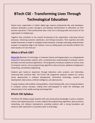 BTech CSE - Transforming Lives Through Technological Education