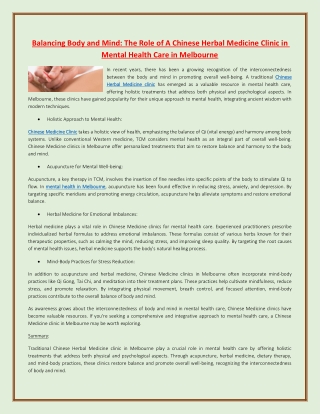 Balancing Body and Mind The Role of A Chinese Herbal Medicine Clinic in Mental Health Care in Melbourne