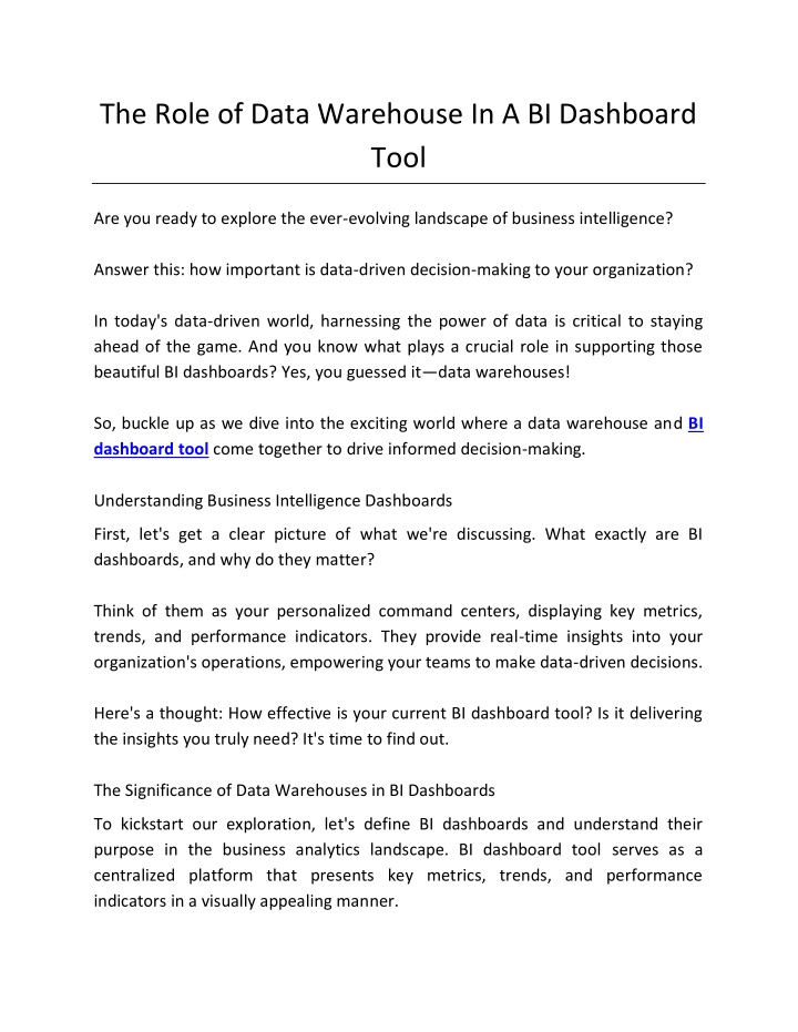 the role of data warehouse in a bi dashboard tool