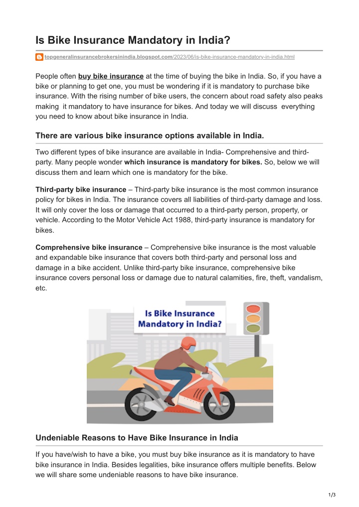 is bike insurance mandatory in india