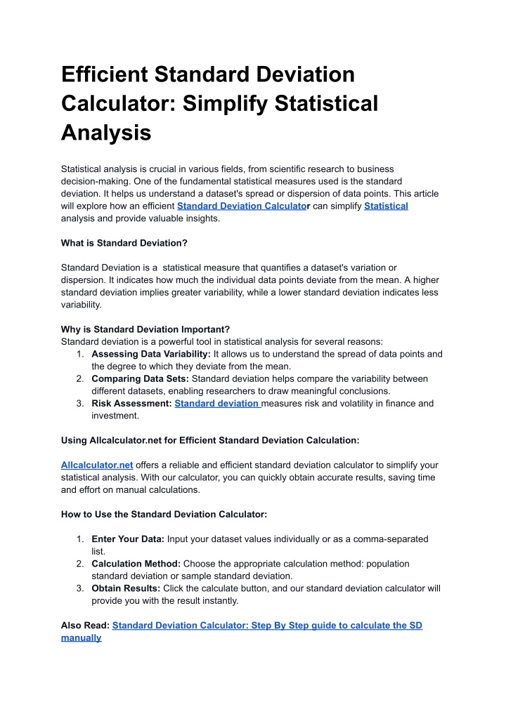 efficient standard deviation calculator simplify