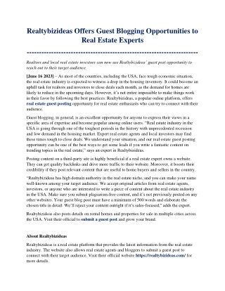 Realtybizideas Offers Guest Blogging Opportunities to Real Estate Experts