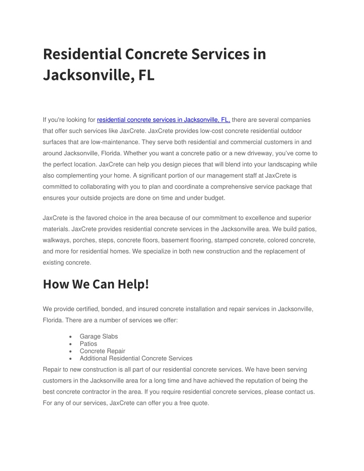 residential concrete services in jacksonville fl