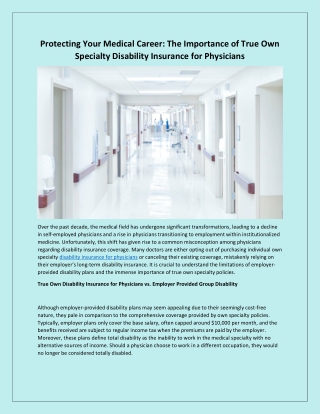 Protecting Your Medical Career The Importance of True Own Specialty Disability Insurance for Physicians