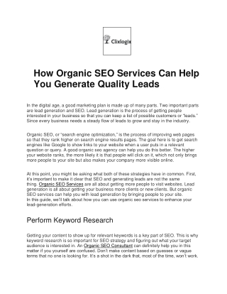 How Organic SEO Services Can Help You Generate Quality Leads