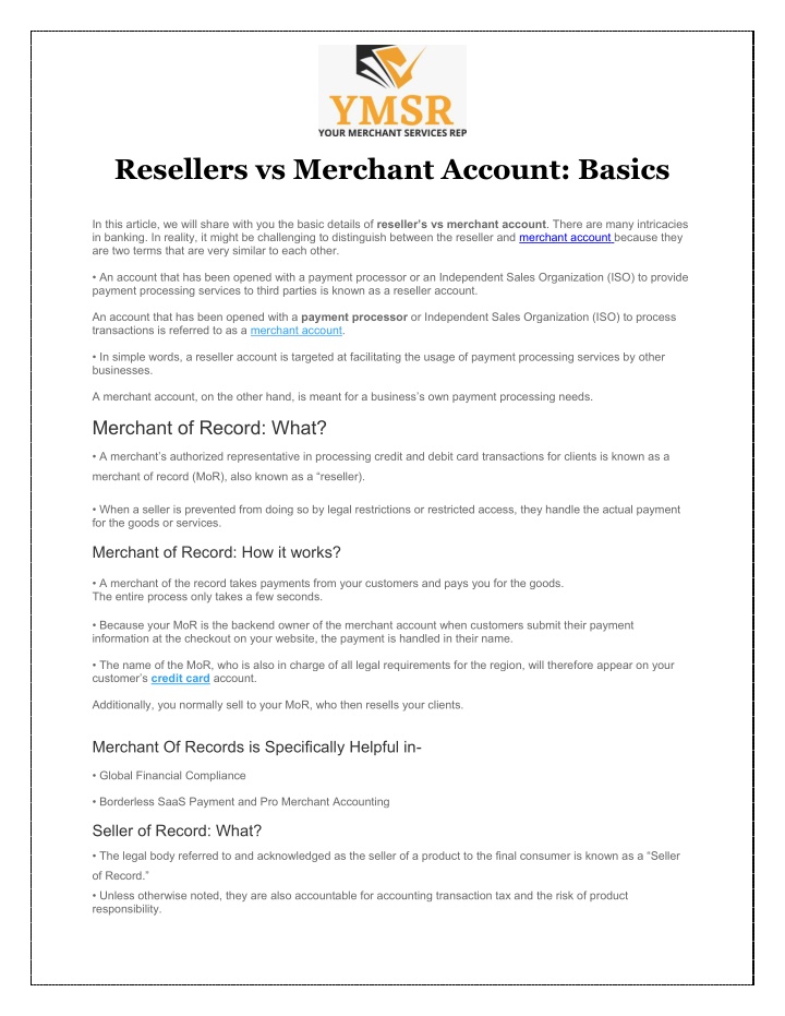 resellers vs merchant account basics in this