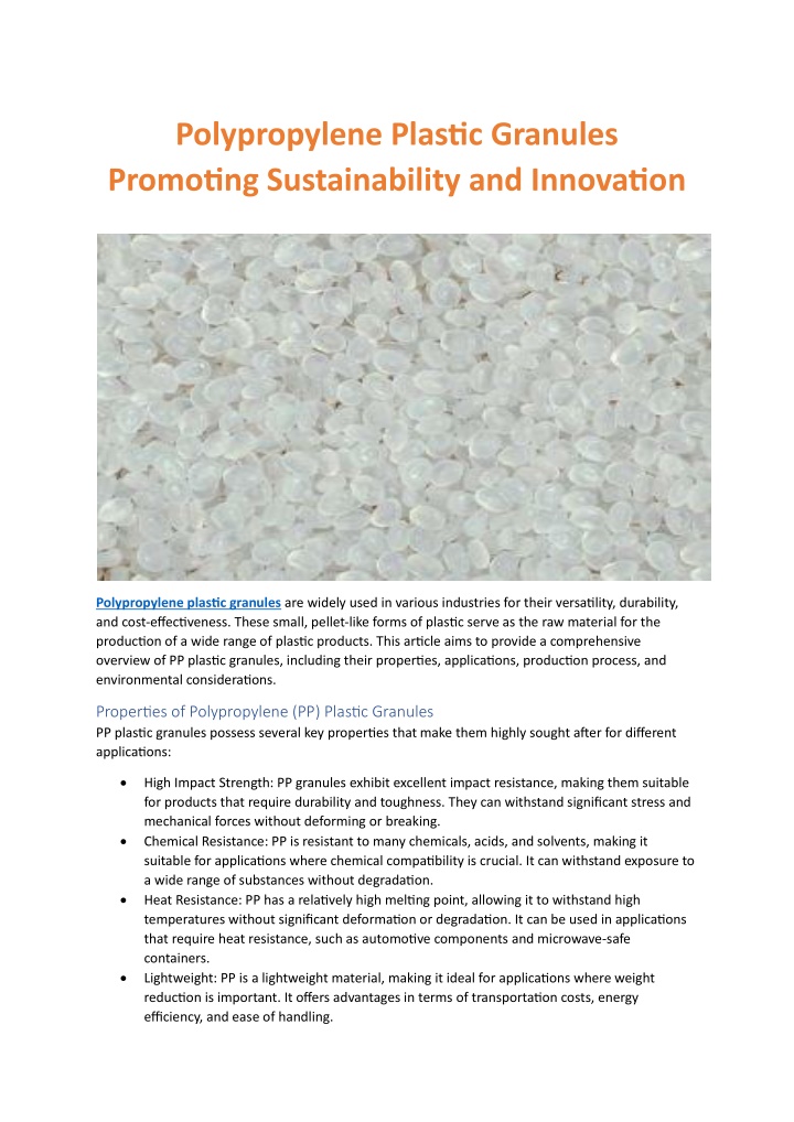 polypropylene plastic granules promoting