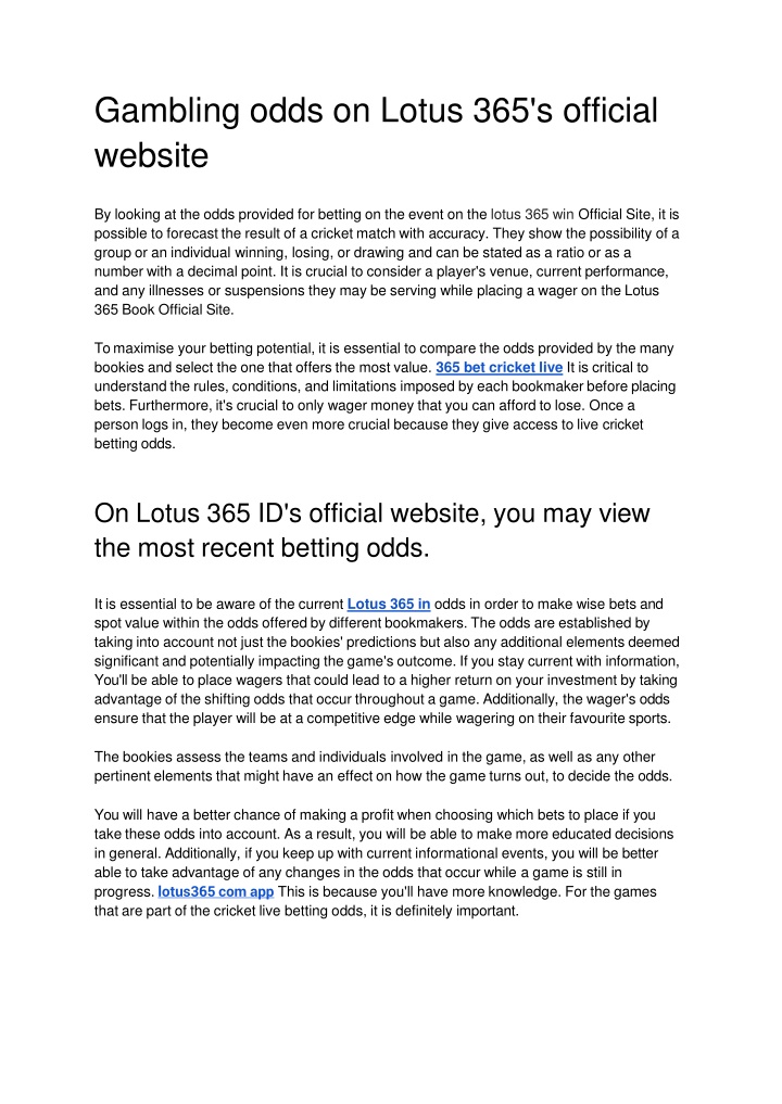 gambling odds on lotus 365 s official website