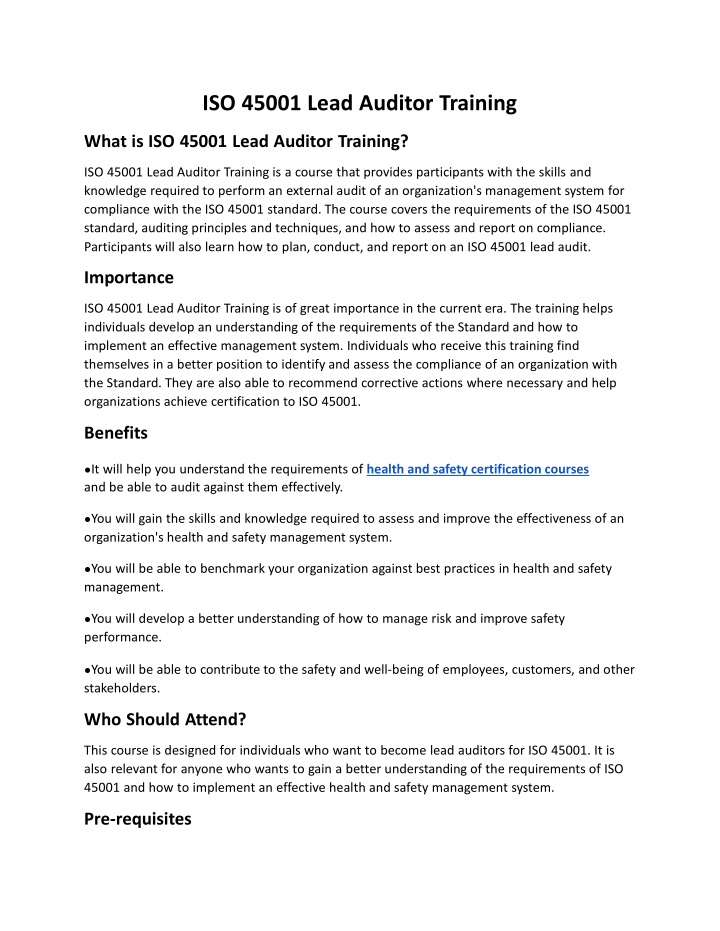 iso 45001 lead auditor training what is iso 45001