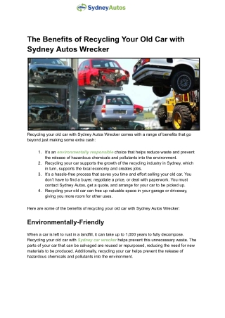 The Benefits of Recycling Your Old Car with Sydney Autos Wrecker