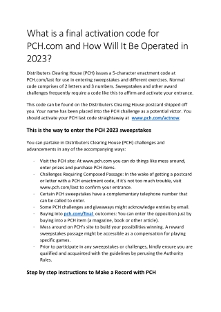 What is a final activation code for PCH.com and How Will It Be Operated in 2023