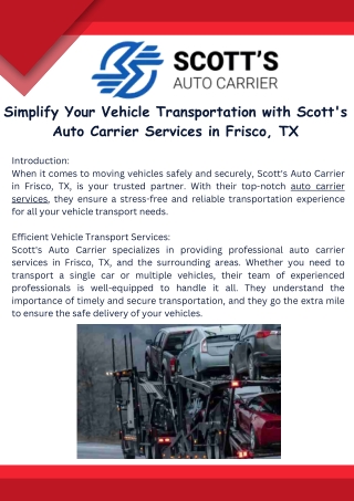 Simplify Your Vehicle Transportation with Scott's Auto Carrier Services in Frisco, TX