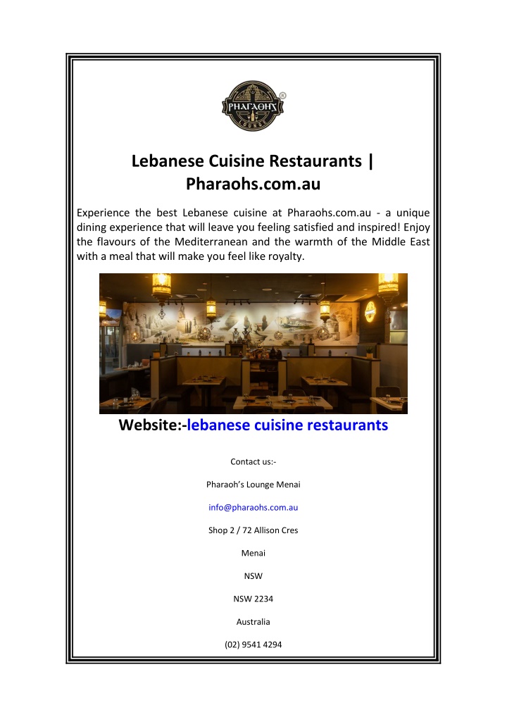 lebanese cuisine restaurants pharaohs com au