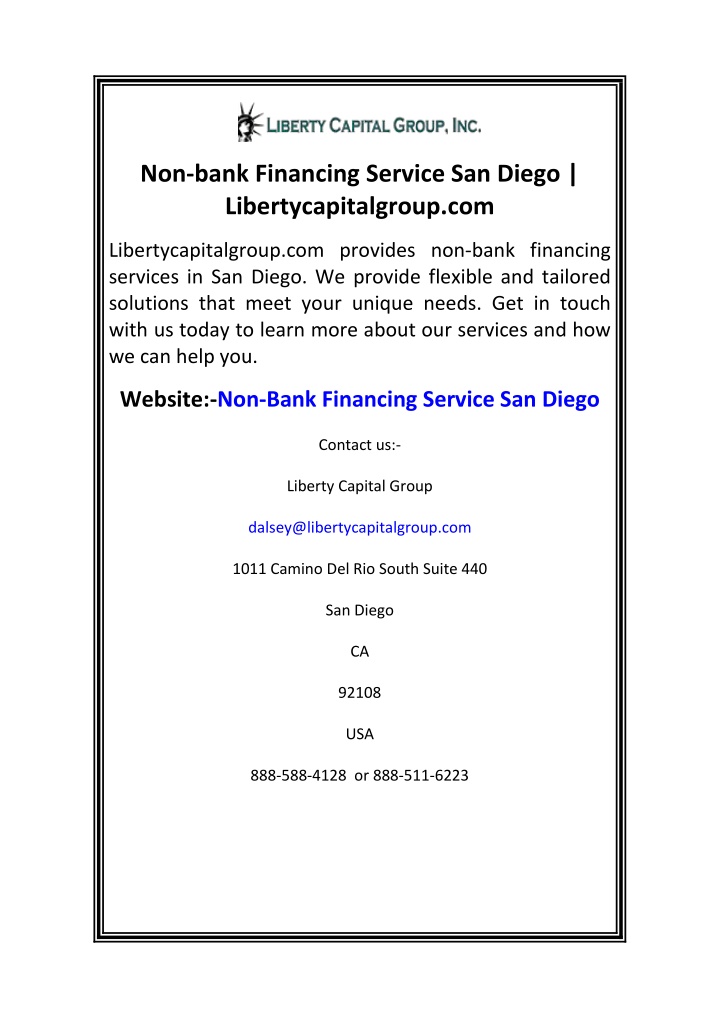 non bank financing service san diego