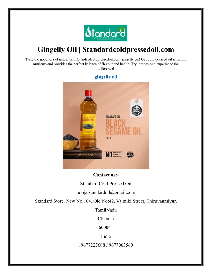 gingelly oil standardcoldpressedoil com