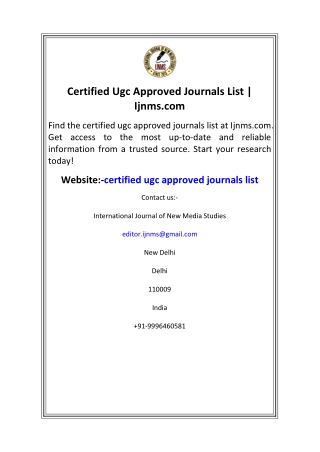 Certified Ugc Approved Journals List  Ijnms.com