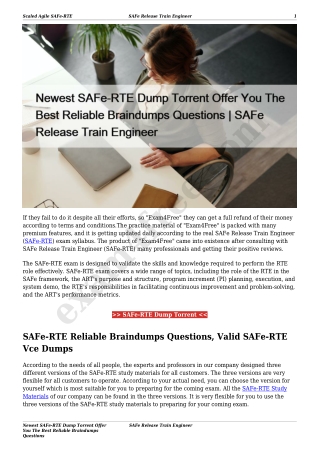 Newest SAFe-RTE Dump Torrent Offer You The Best Reliable Braindumps Questions | SAFe Release Train Engineer