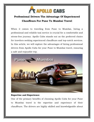 Professional Drivers The Advantage Of Experienced Chauffeurs For Pune To Mumbai Travel