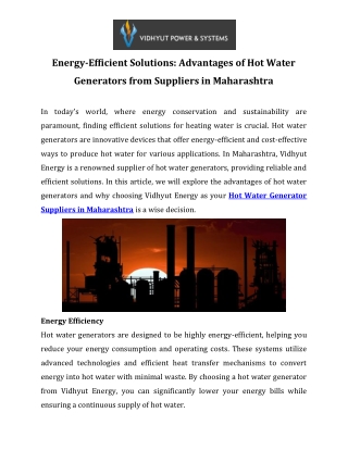 Energy-Efficient Solutions Advantages of Hot Water Generators from Suppliers in Maharashtra