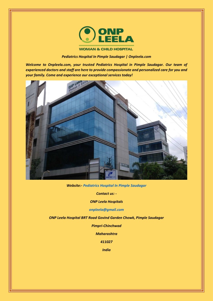 pediatrics hospital in pimple saudagar onpleela