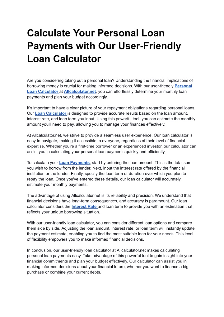 calculate your personal loan payments with