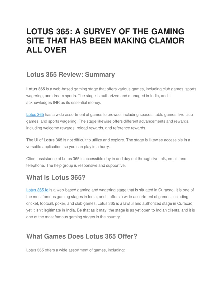 lotus 365 a survey of the gaming site that