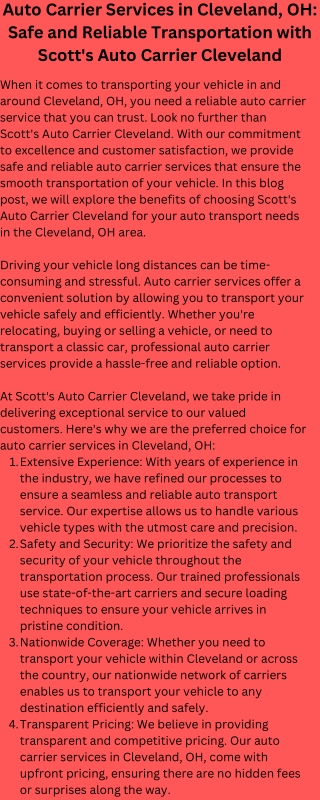 Auto Carrier Services in Cleveland, OH Safe and Reliable Transportation with Scott's Auto Carrier Cleveland