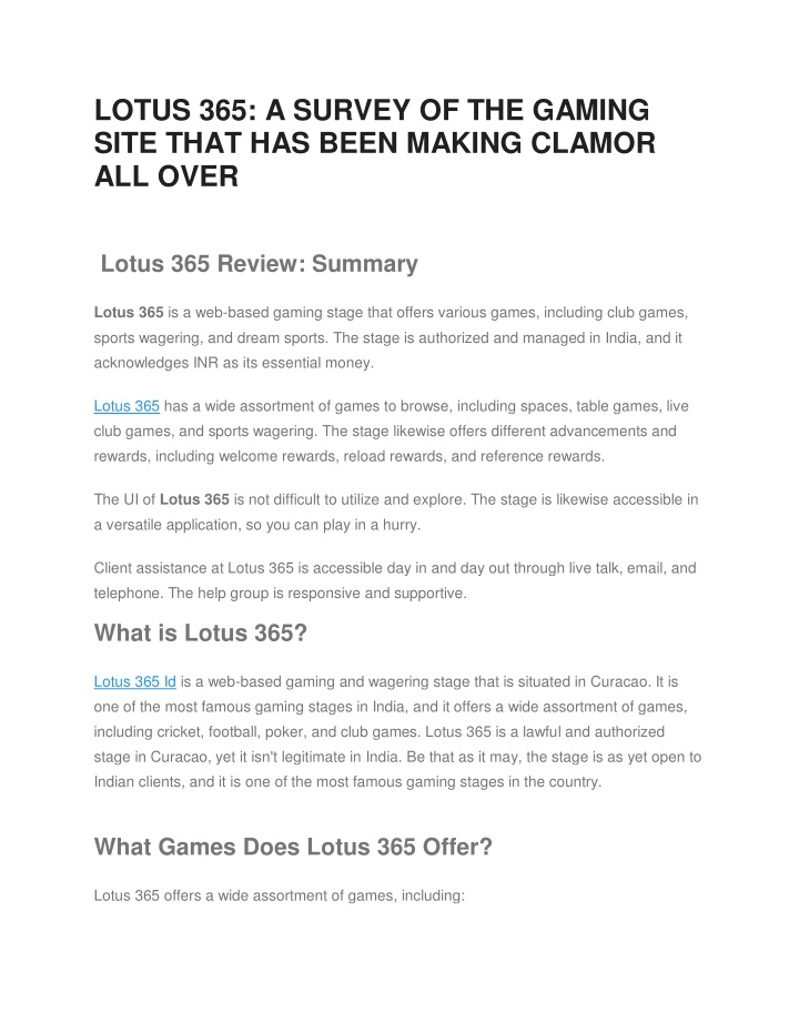 lotus 365 a survey of the gaming site that