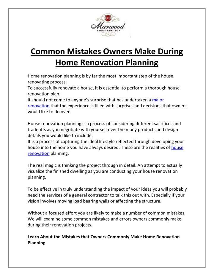 common mistakes owners make during home