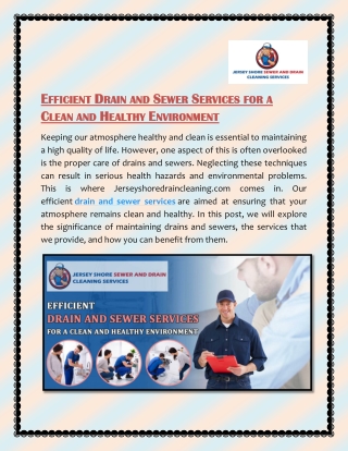 Efficient Drain and Sewer Services for a Clean and Healthy Environment