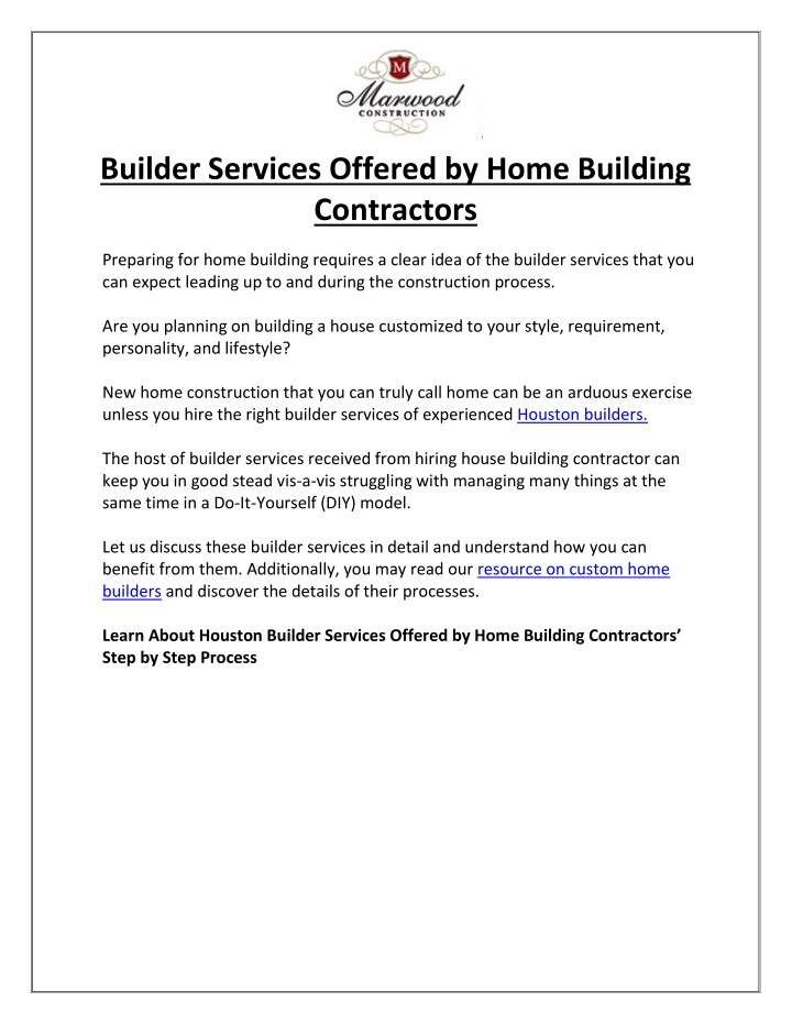 builder services offered by home building