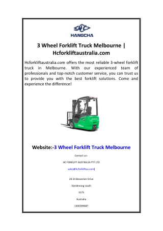3 Wheel Forklift Truck Melbourne  Hcforkliftaustralia.com