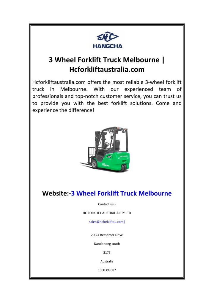 3 wheel forklift truck melbourne
