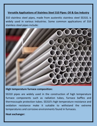 Versatile Applications of Stainless Steel 310 Pipes Oil & Gas Industry