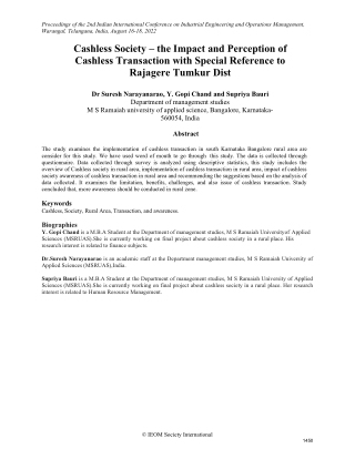 Cashless Society – the Impact and Perception of Cashless Transaction with Special Reference to Rajagere Tumkur Dist
