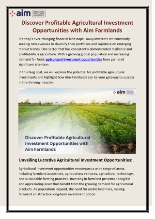 Discover Profitable Agricultural Investment Opportunities with Aim Farmlands