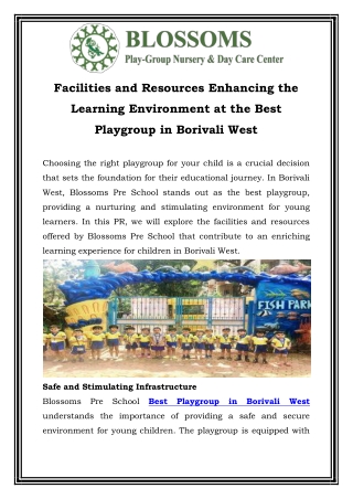 Facilities and Resources Enhancing the Learning Environment at the Best Playgroup in Borivali West