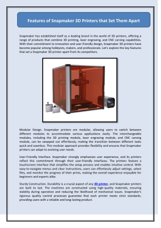 features of snapmaker 3d printers that set them