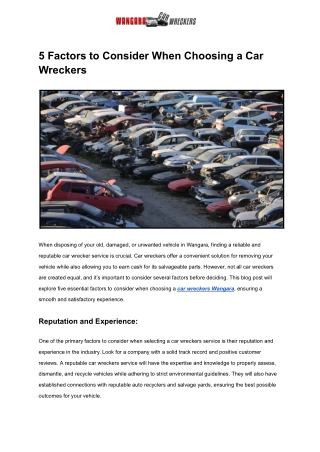 5 Factors to Consider When Choosing a Car Wreckers Wangara