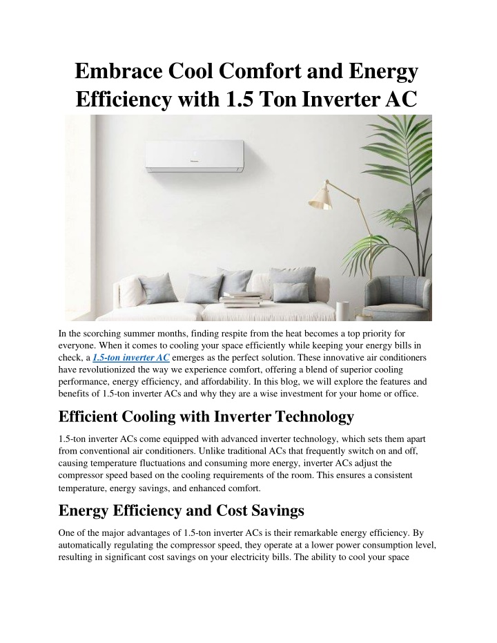 embrace cool comfort and energy efficiency with 1 5 ton inverter ac