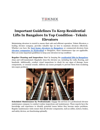 Important Guidelines To Keep Residential Lifts In Bangalore In Top Condition - Teknix Elevators