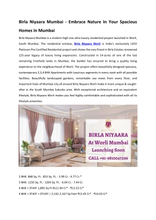 Birla Niyaara Mumbai - Embrace Yourself For Most Luxurious Home Project