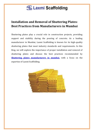 Installation and Removal of Shuttering Plates Best Practices from Manufacturers in Mumbai