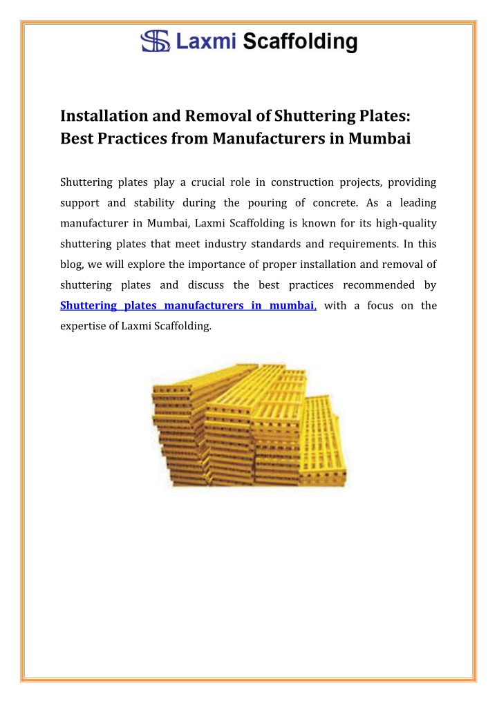 installation and removal of shuttering plates