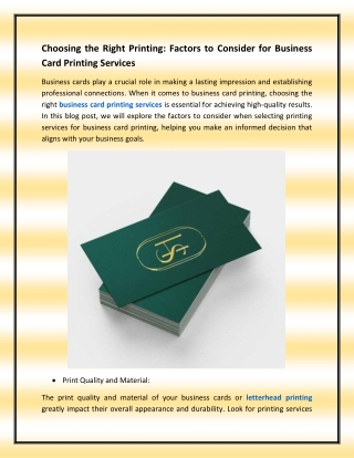Choosing the Right Printing Factors to Consider for Business Card Printing Services