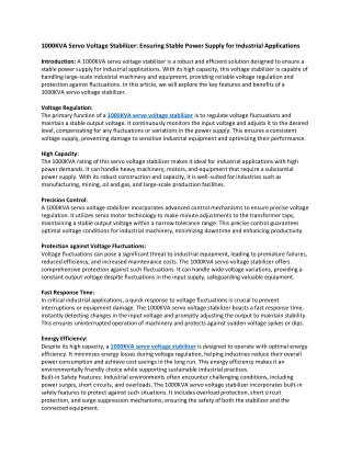 1000KVA Servo Voltage Stabilizer: Ensuring Stable Power Supply for Industrial