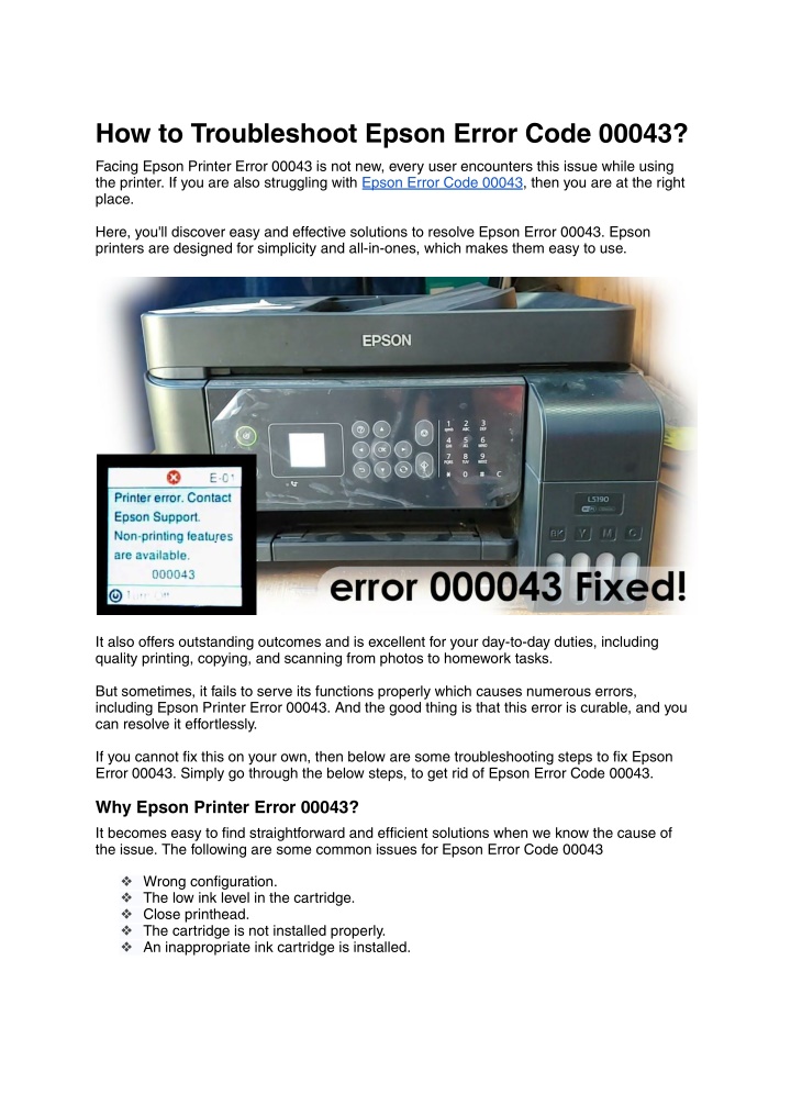 how to troubleshoot epson error code 00043