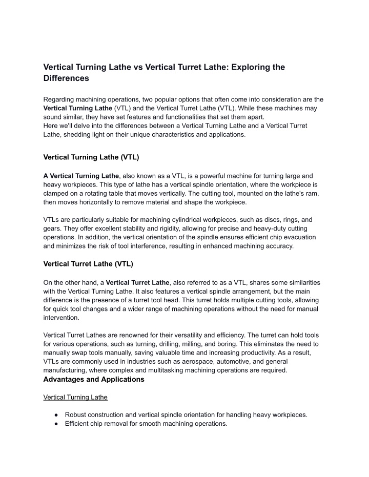 vertical turning lathe vs vertical turret lathe