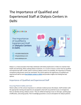 The Importance of Qualified and Experienced Staff at Dialysis Centers in Delhi