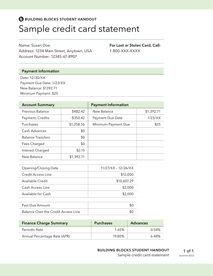 building blocks student handout sample credit